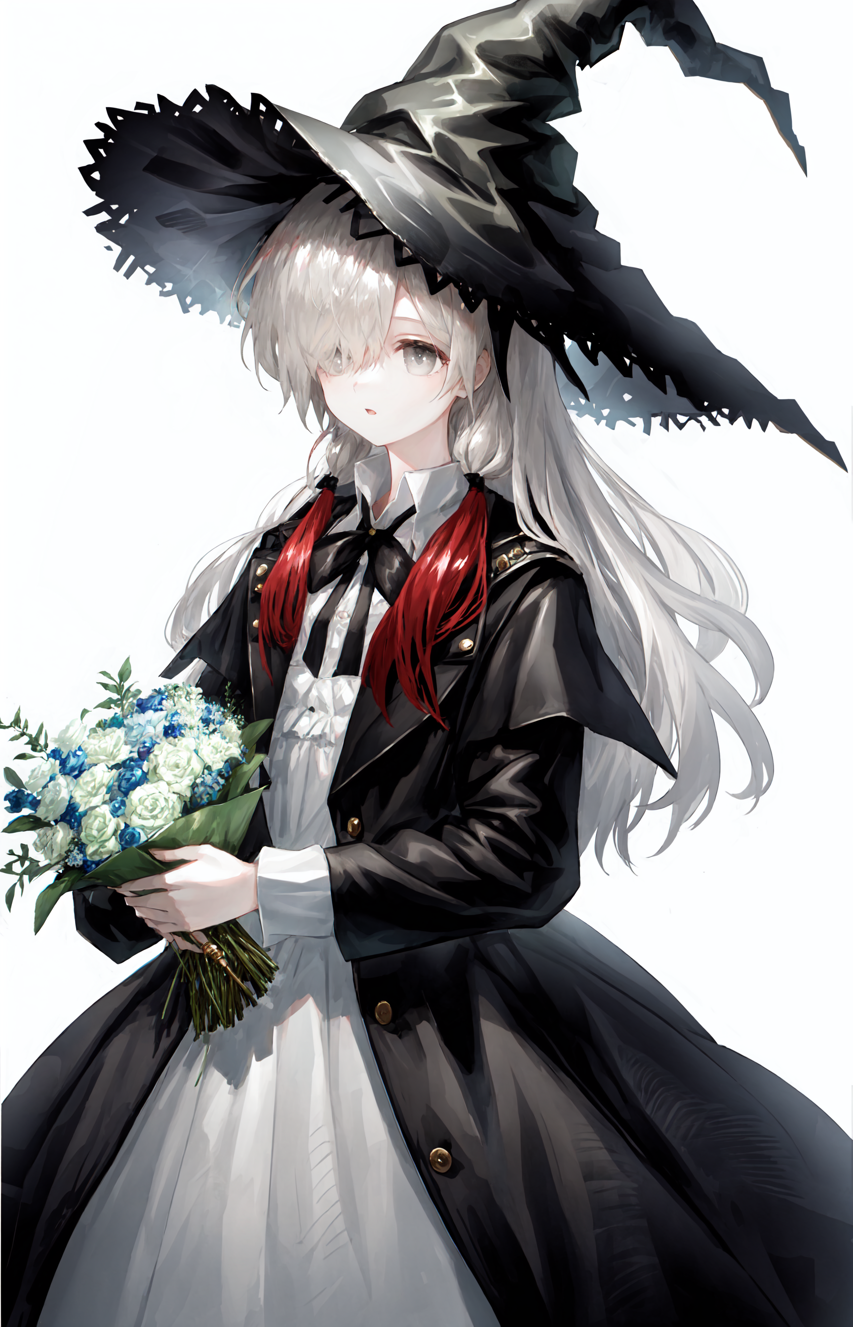 08128-1785813880-1girl, solo, hat, witch hat, flower, holding, long hair, hair over one eye, holding bouquet, bouquet, grey eyes, simple backgrou.png
